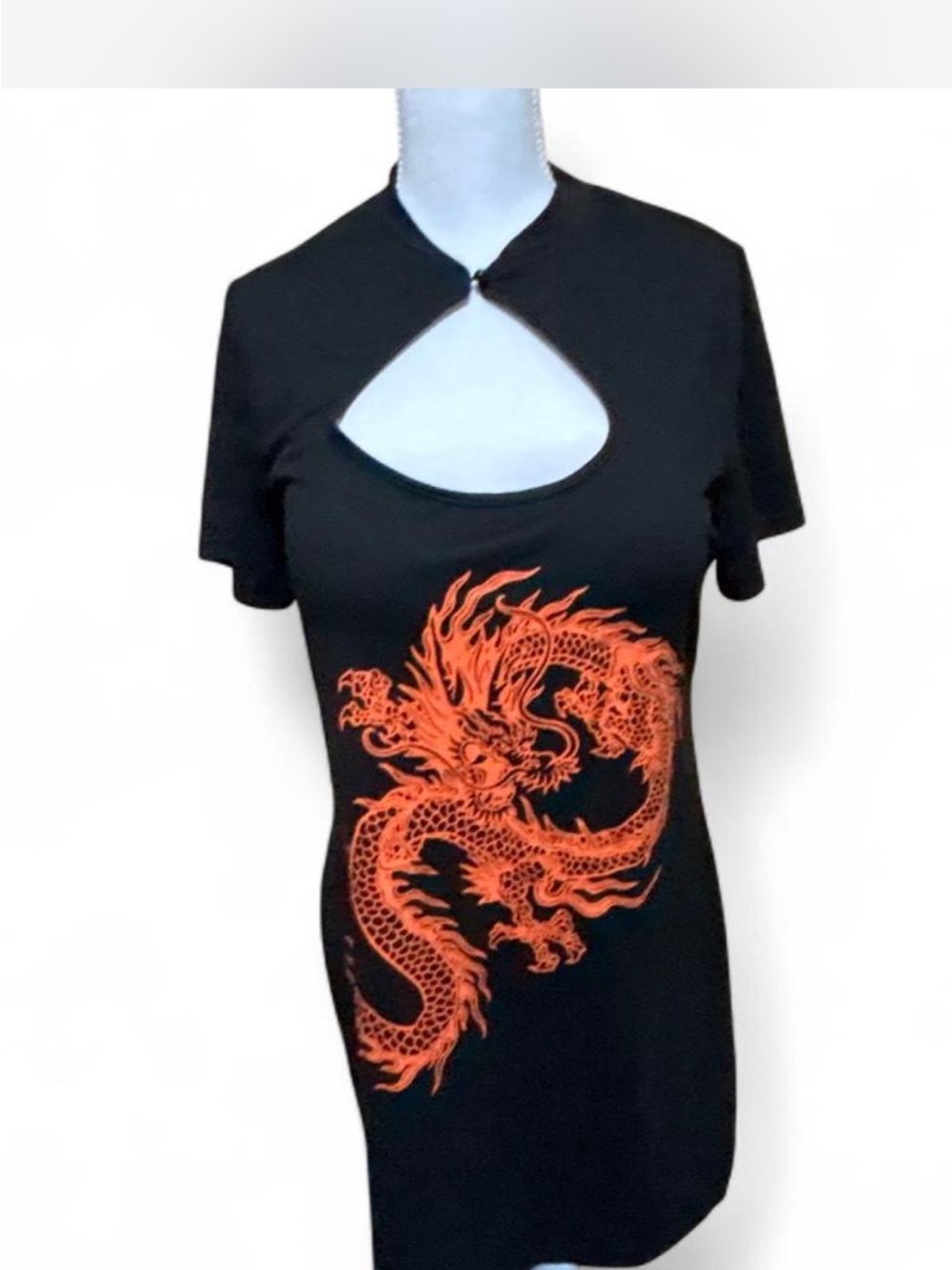 SHEIN Black Mini Dress with Orange Dragon Print and Front Cutout